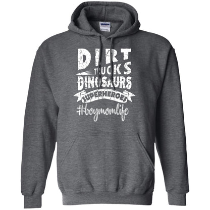 Dirt Trucks Dinosaurs Superheroes #boymomlife Family T-shirt Dark Heather