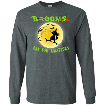 Brooms Are For Amateurs Witches Ride Skateboard Funny Halloween Shirt Dark Heather