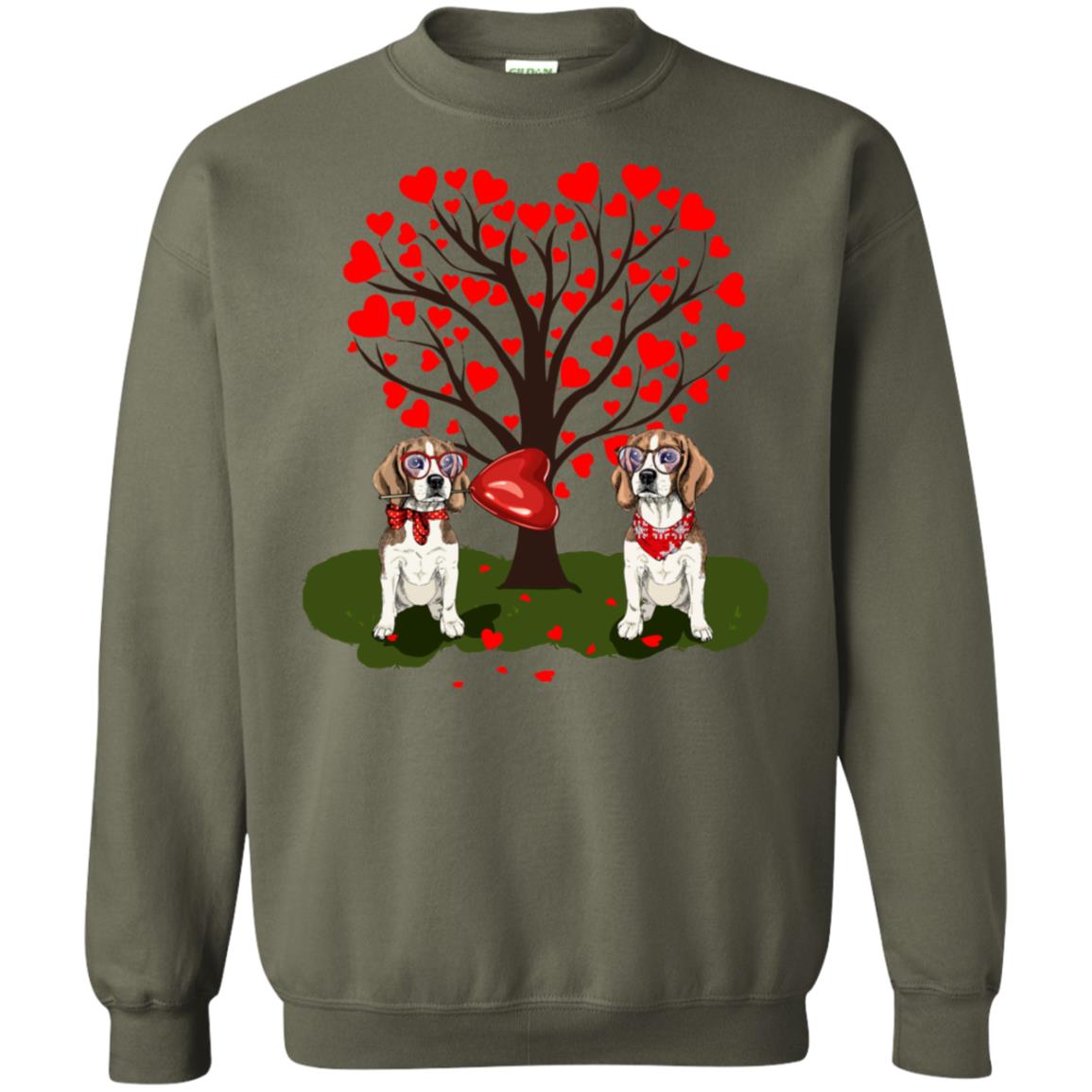 Valentine Beagle Couple Heart Tree Shirt Military Green