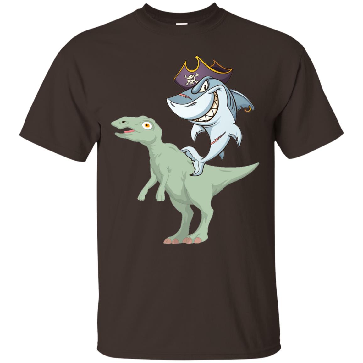 Shark Pirate Riding A T-rex Dinosaur Funny Gift Shirt Dark Chocolate
