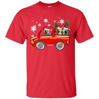Yorkshire Terrier Dogs On Car Merry Christmas Gift Shirt Red