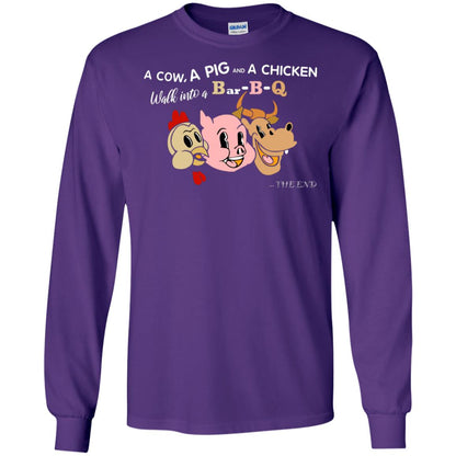 A Cow A Pig And A Chicken Walk Into A Bar-b-q The End Shirt Purple