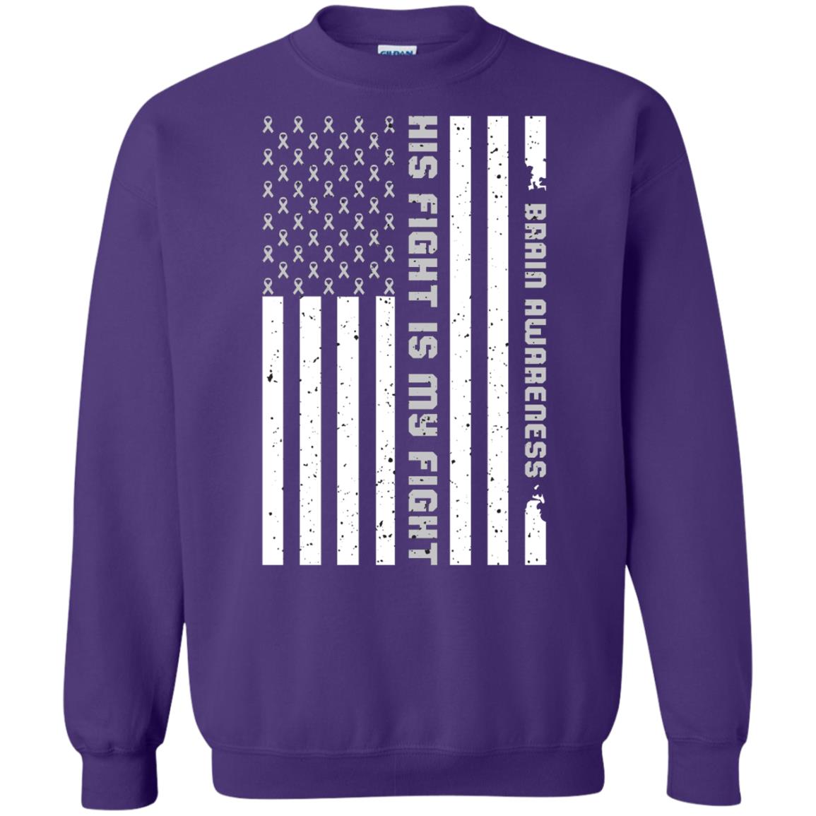 Brain Awareness His Fight Is My Fight Grey Ribbon Stars Flag Of Usa Shirt Purple