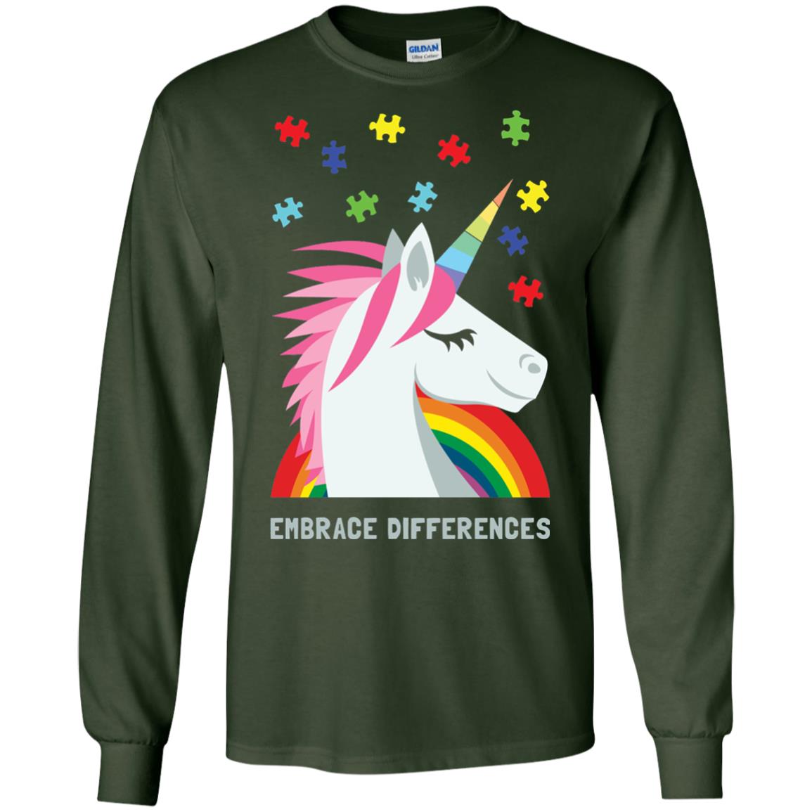 Autism Awareness Shirt Unicorn Puzzle Embrace Differences Forest Green