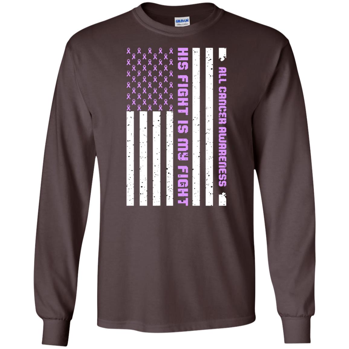 All Cancer Awareness His Fight Is My Fight Lavender Ribbon Stars Flag Of Usa Shirt Dark Chocolate