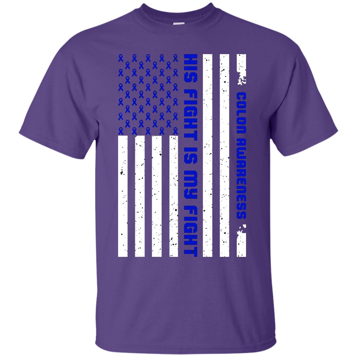 Colon Awareness His Fight Is My Fight Dark Blue Ribbon Stars Flag Of Usa Shirt Purple