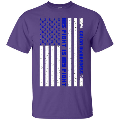 Colon Awareness His Fight Is My Fight Dark Blue Ribbon Stars Flag Of Usa Shirt Purple