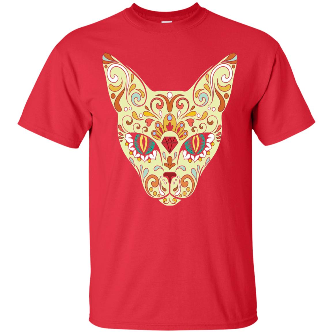 Cat Sugar Skull Design T-shirt Red