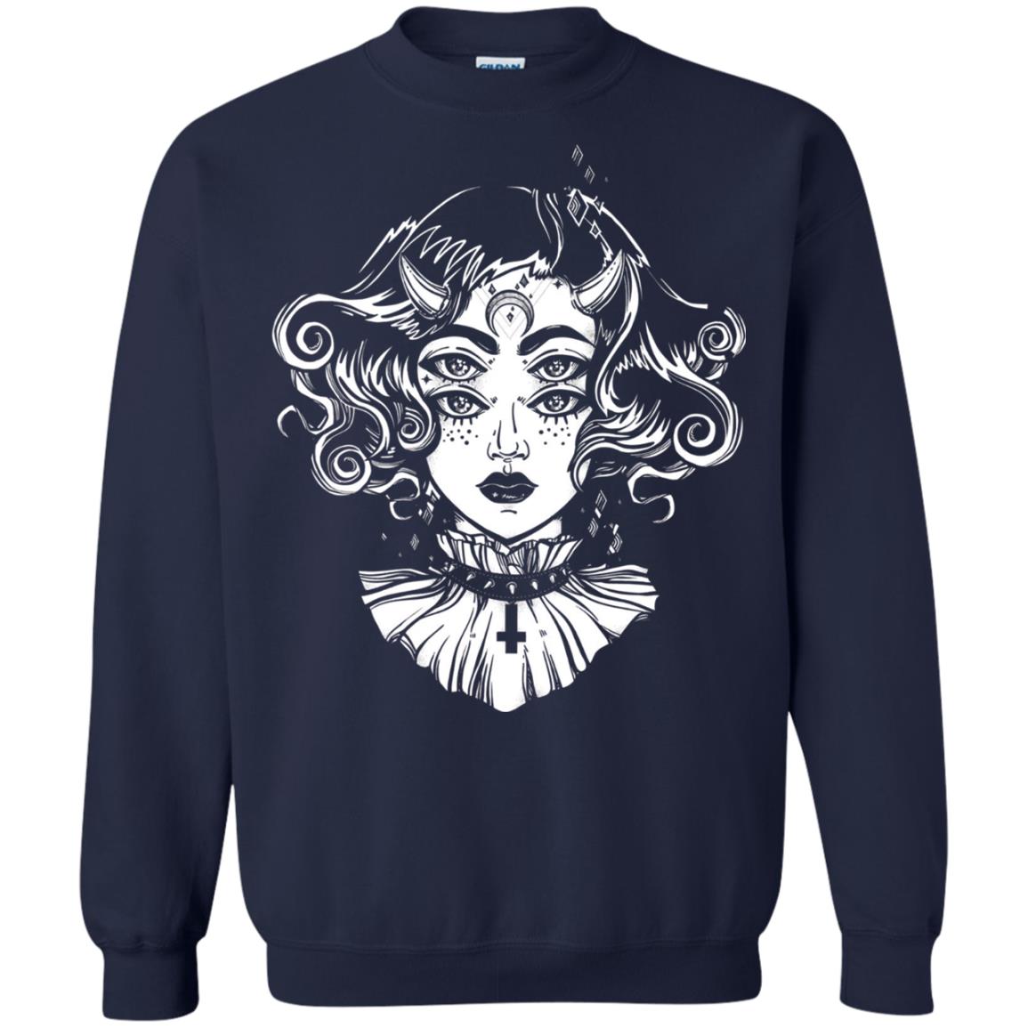 Horned Devil Girl Tshirt Satanic Halloween Glitch Goth Navy