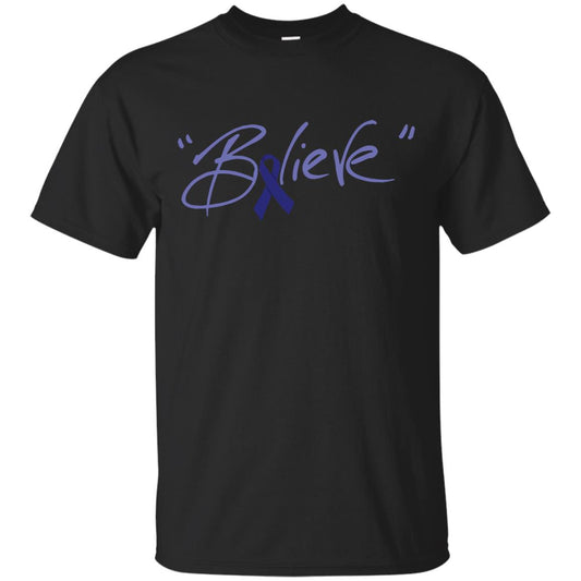 Colon Cancer Awareness Shirt Dark Blue Ribbon Believe Black