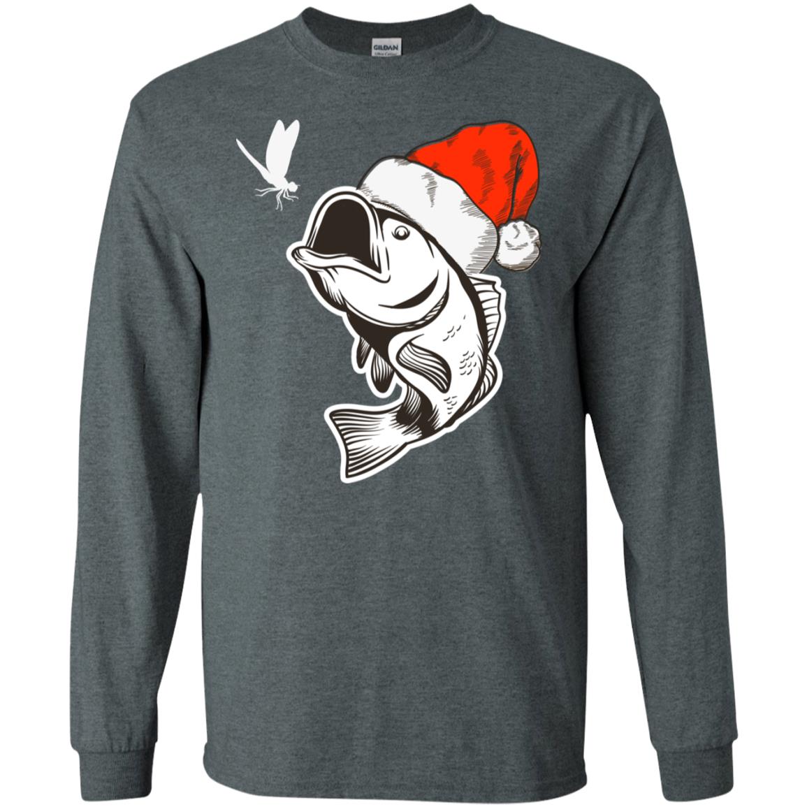 Bass Fishing Santa Hat Christmas Gift Shirt For Fishing Lovers Dark Heather