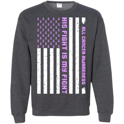 All Cancer Awareness His Fight Is My Fight Lavender Ribbon Stars Flag Of Usa Shirt Dark Heather