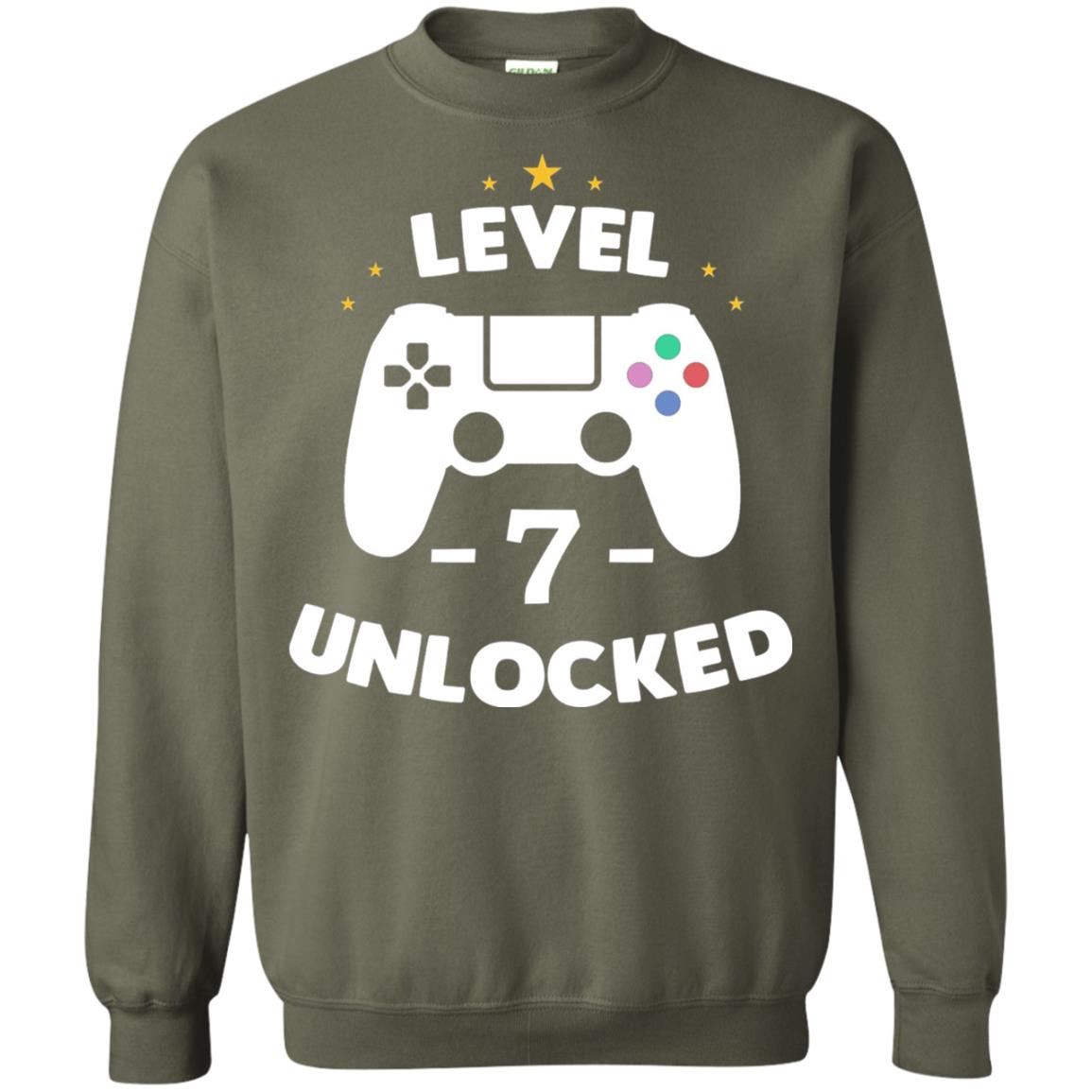 Level 7 Unlocked Gamer Seventh Birthday Party Shirt Military Green