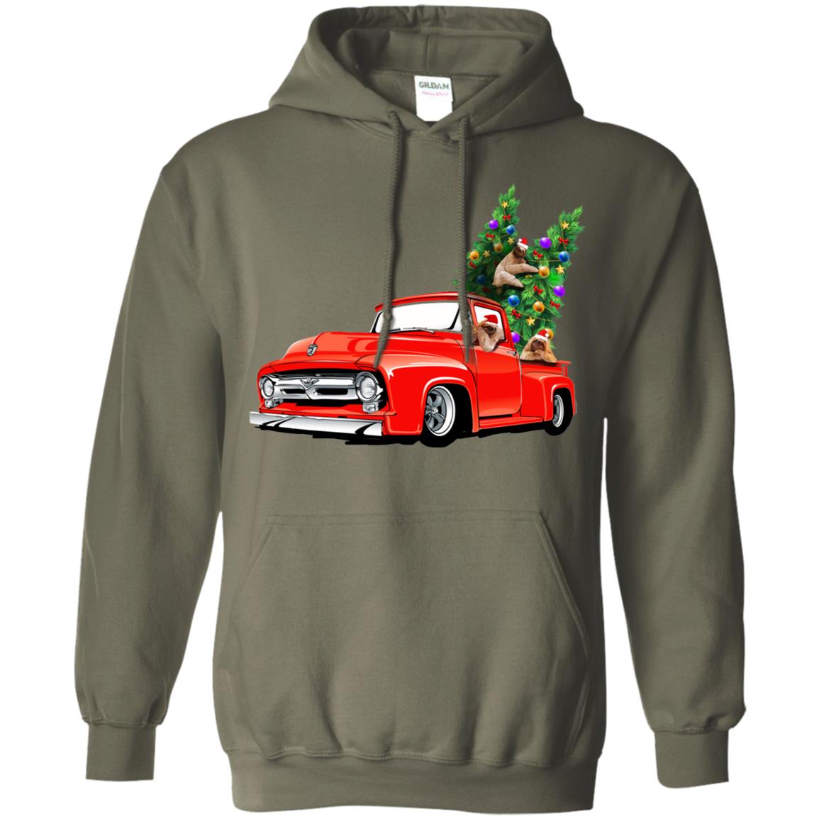 Christmas Tree And Sloths On Car X-mas Gift Shirt Military Green