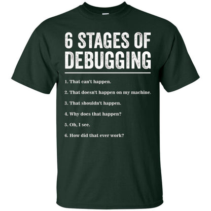 Programmer T-shirt 6 Stages Of Debugging Forest Green