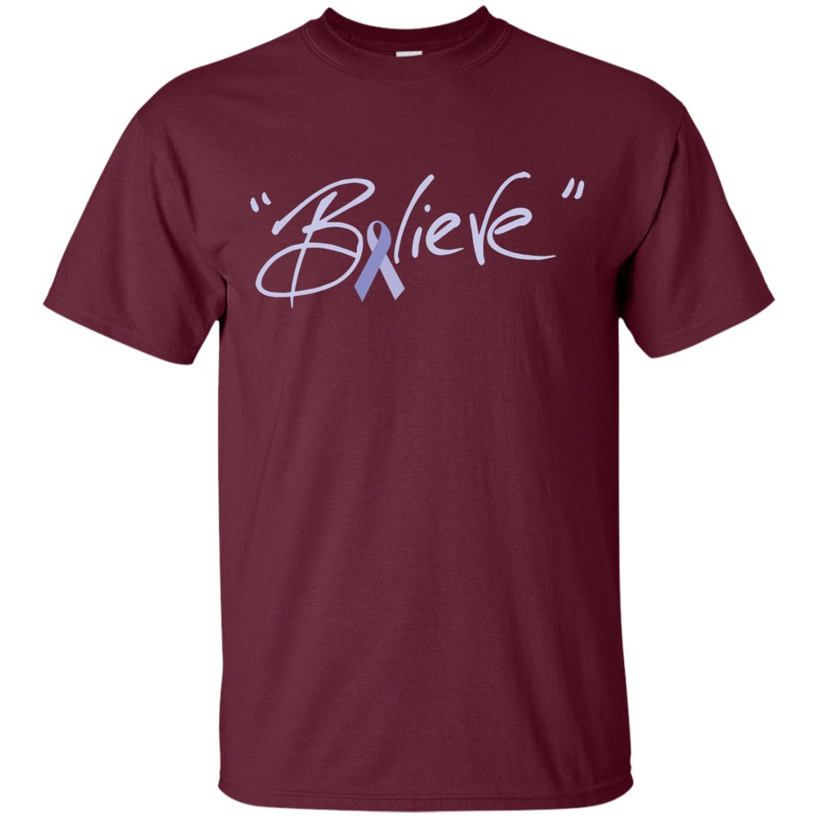 Esophageal And Stomach Cancer Awareness Shirt Periwinkle Blue Ribbon Believe Maroon