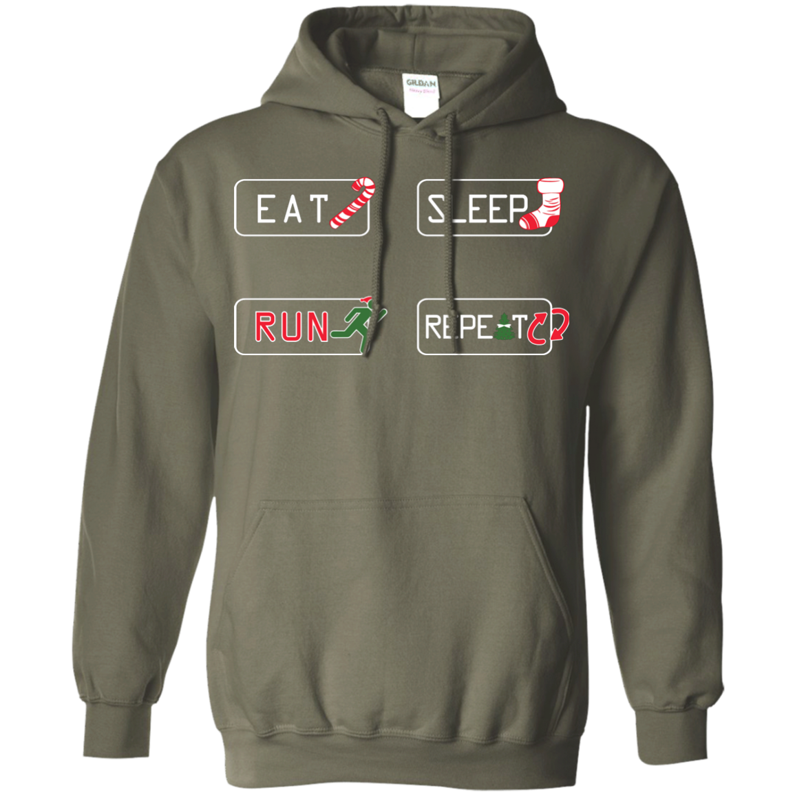 Christmas T-Shirt Eat Sleep Run Repeat Military Green