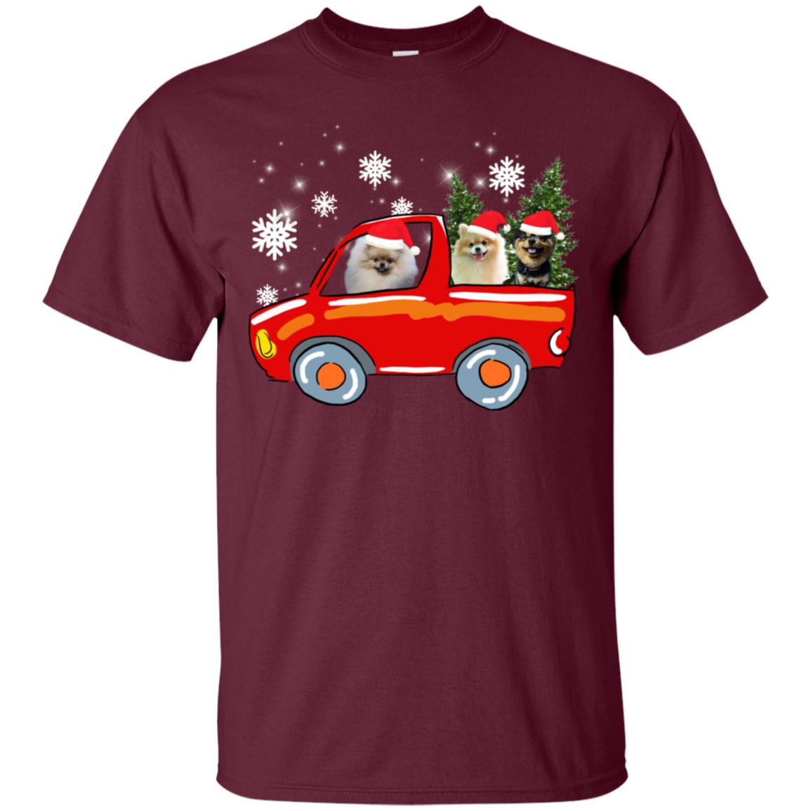 Pomeranians Dogs On Car Merry Christmas Gift Shirt Maroon