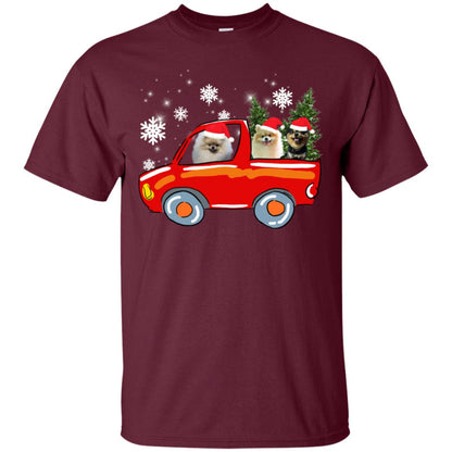 Pomeranians Dogs On Car Merry Christmas Gift Shirt Maroon
