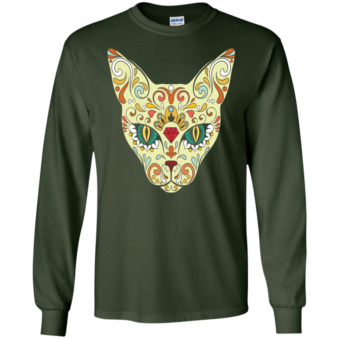 Cat Sugar Skull Design T-shirt Forest Green