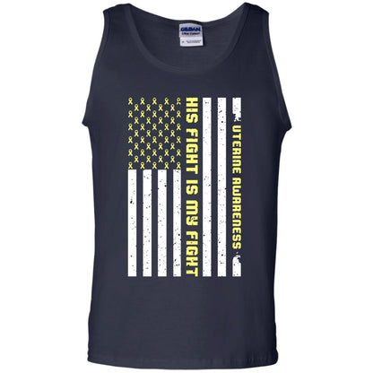Uterine Awareness His Fight Is My Fight Peach Ribbon Stars Flag Of Usa Shirt Navy