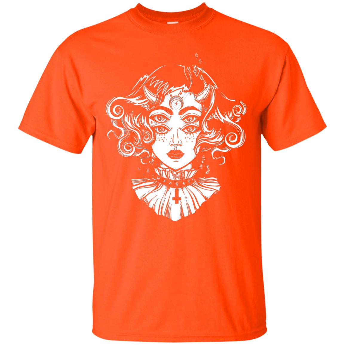 Horned Devil Girl Tshirt Satanic Halloween Glitch Goth Orange