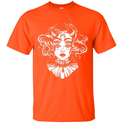 Horned Devil Girl Tshirt Satanic Halloween Glitch Goth Orange