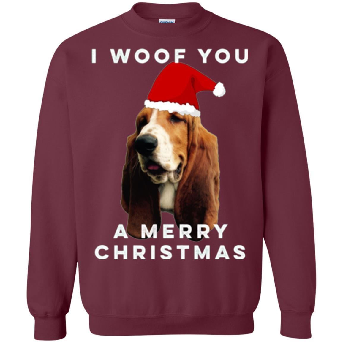 Basset Hound T-shirt I Woof You A Merry Christmas Maroon