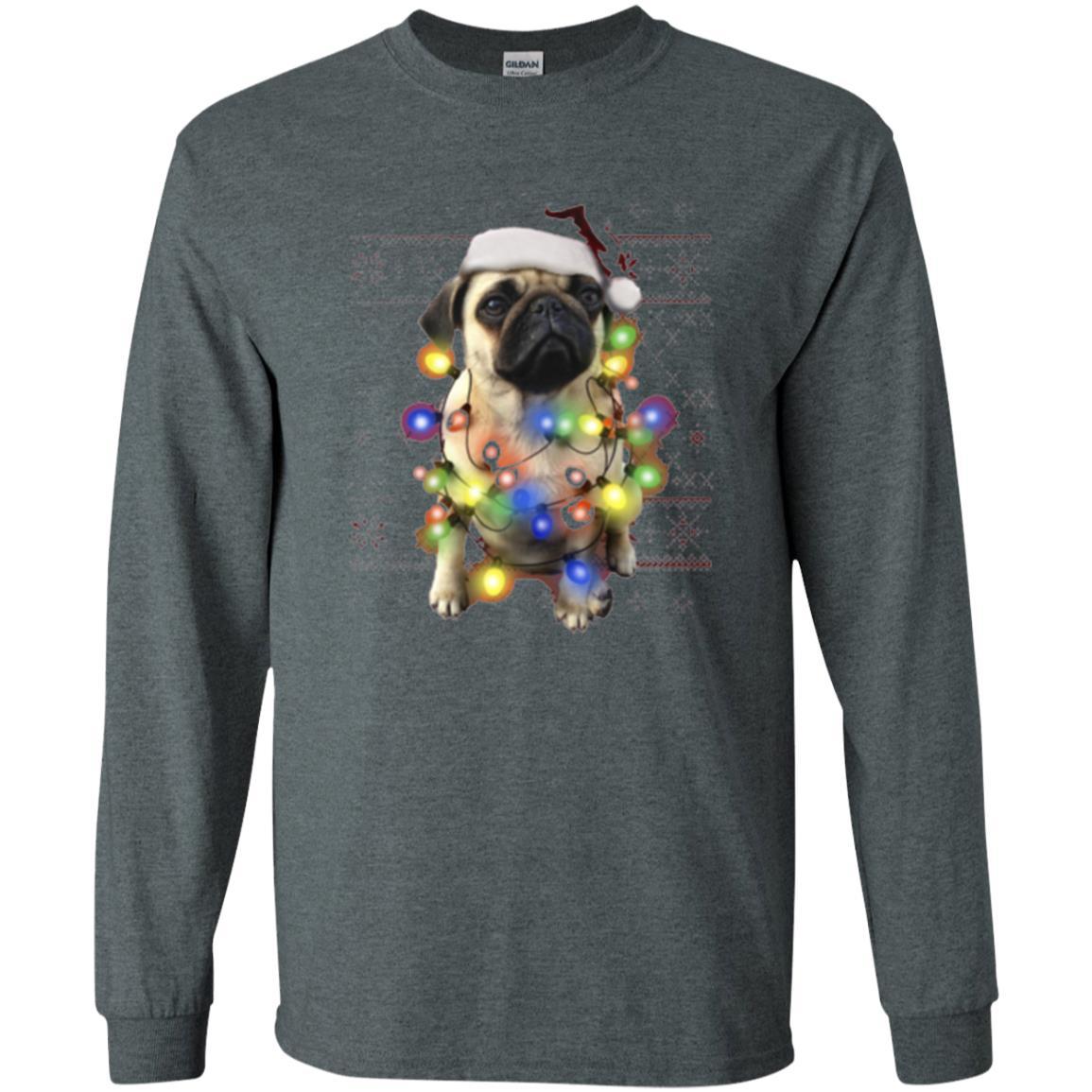 Dog Lover T-shirt Ugly Sweater Photoreal Christmas Lights Pug Graphic Dark Heather