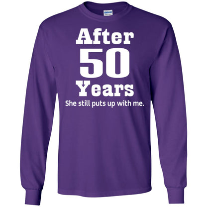 50th Anniversary T-shirt She Still Put Up With Me Purple