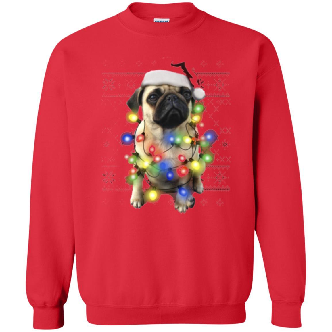 Dog Lover T-shirt Ugly Sweater Photoreal Christmas Lights Pug Graphic Red