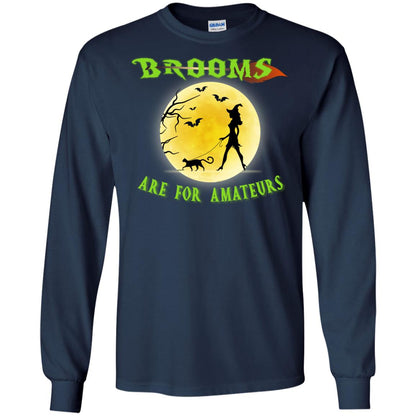 Brooms Are For Amateurs Witches Walk With Cat Funny Halloween Shirt Navy