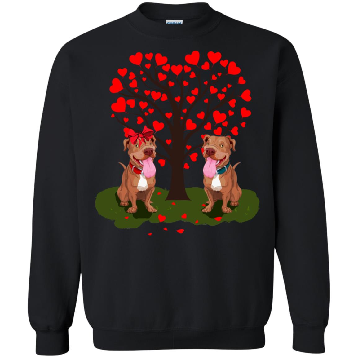 Valentine Pitbull Couple Heart Tree Shirt Black