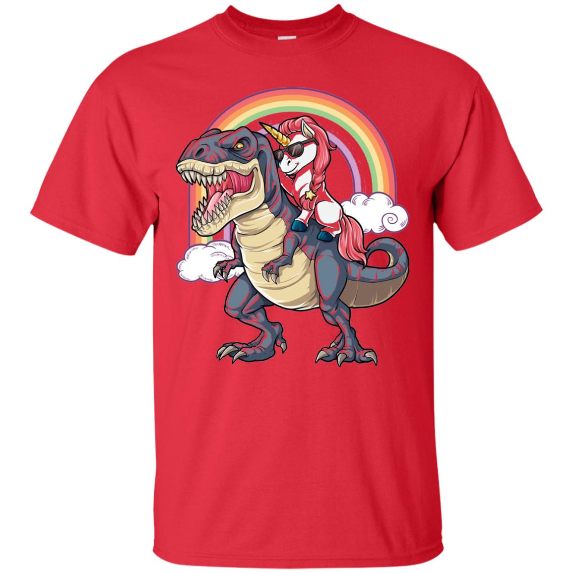 Unicorn Riding Dinosaur Unicorns Rainbow T-shirt Red