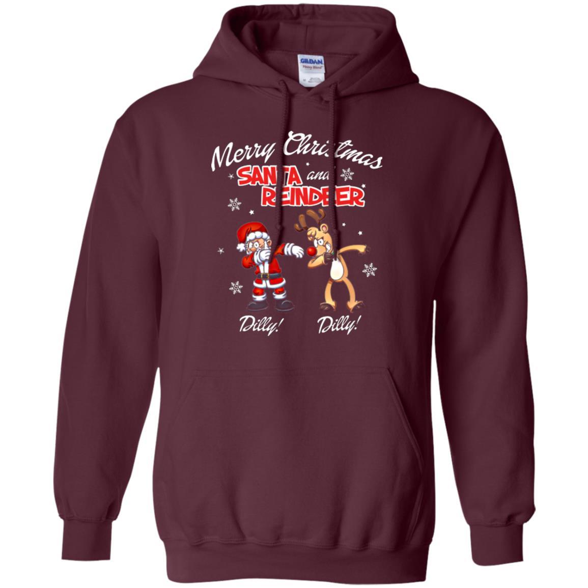 Christmas T-shirt Merry Christmas Santa And Reindeer Dilly Dilly Maroon