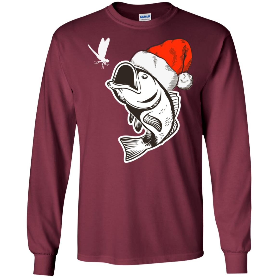 Bass Fishing Santa Hat Christmas Gift Shirt For Fishing Lovers Maroon