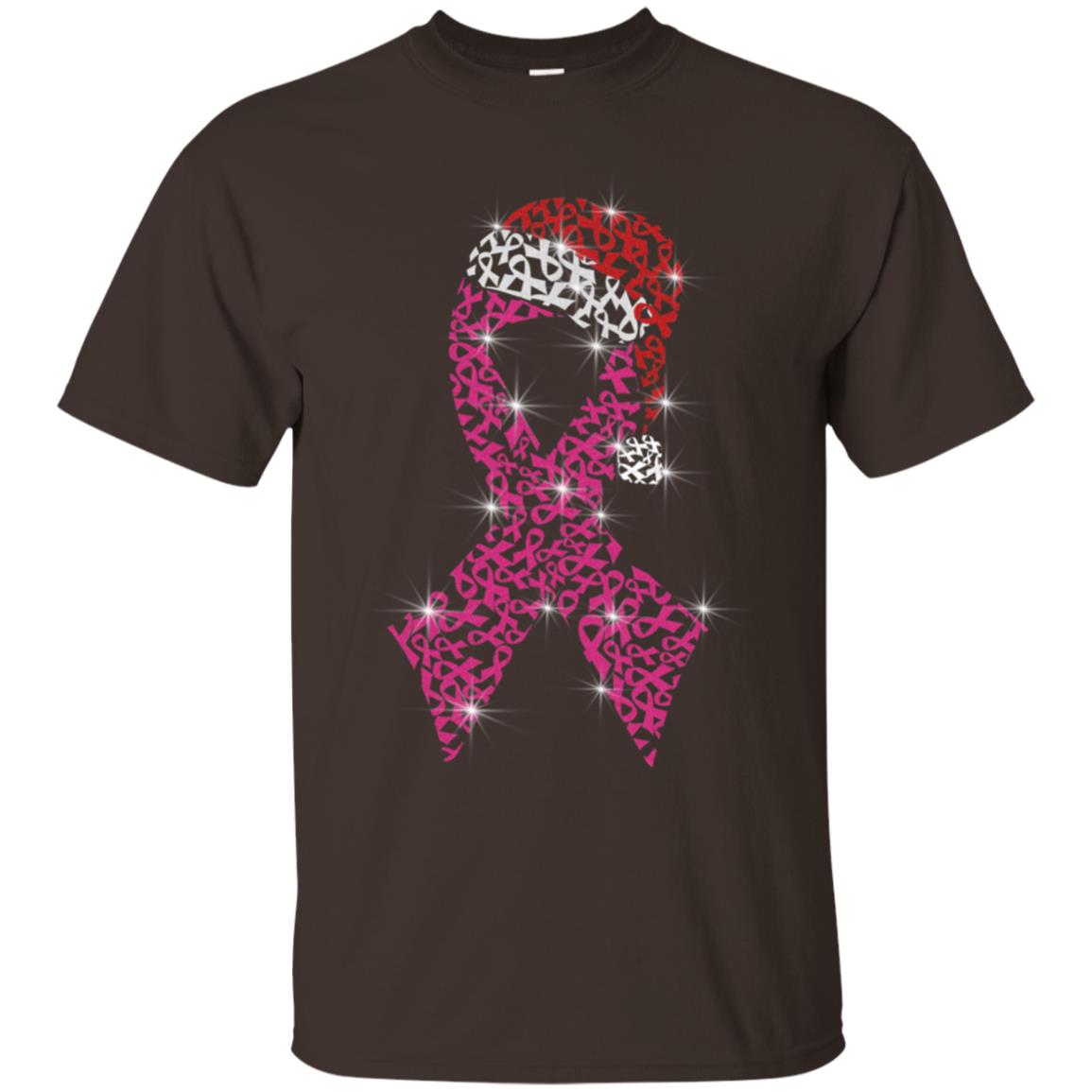 Pink Ribbon With Santa Hat Breast Cancer Awareness X-mas Gift Shirt Dark Chocolate