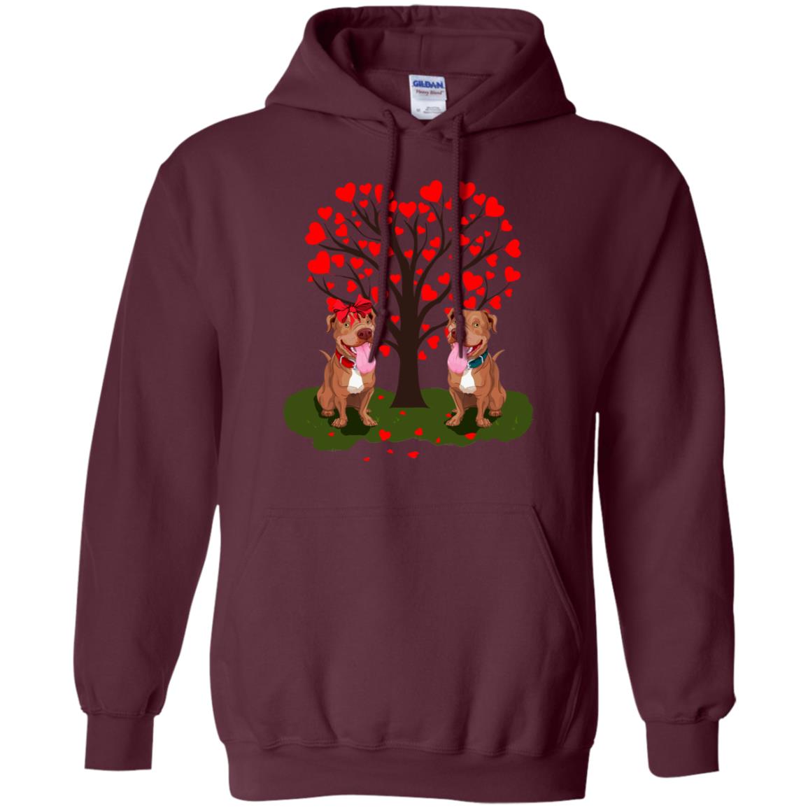 Valentine Pitbull Couple Heart Tree Shirt Maroon