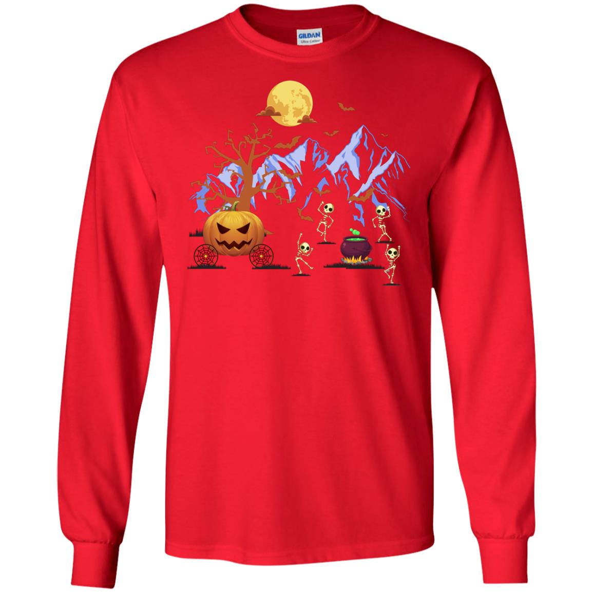 Dancing Skeleton With Pumpkin Funny Halloween Gift Shirt Red