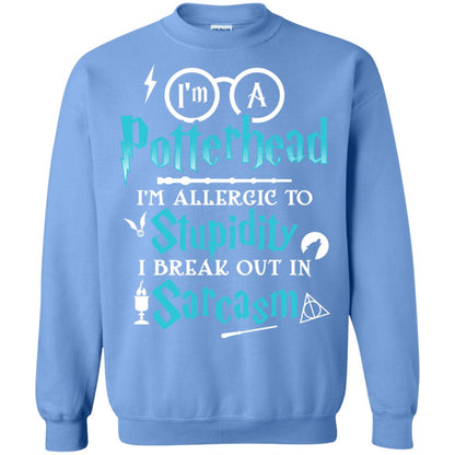I_m A Potterhead I_m Allergic To Stupidity I Break Out In Sarcasm Harry Potter Fan T-shirt Carolina Blue