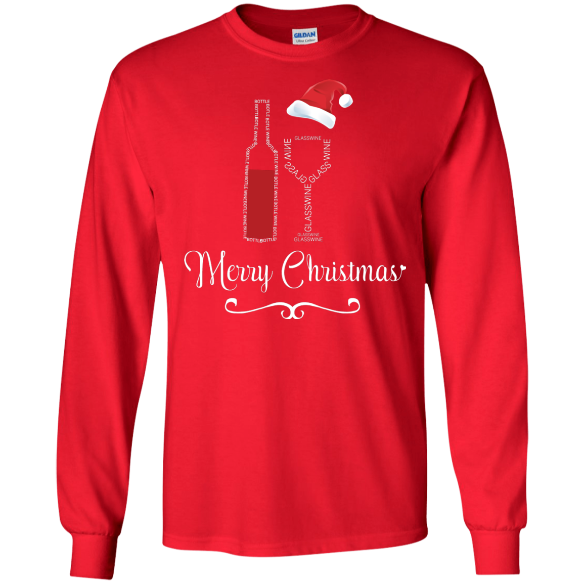 Christmas T-shirt Merry Christmas With Wine Botle And Glass Wine Red