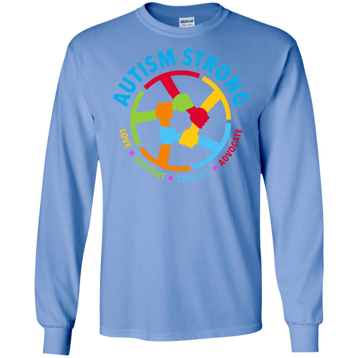 Autism Strong Love Support Educate Advocate Autism Awareness T-shirt Carolina Blue