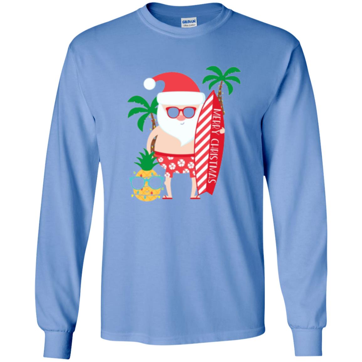 Christmas T-shirt Santa Claus Surfing Hawaiian Carolina Blue