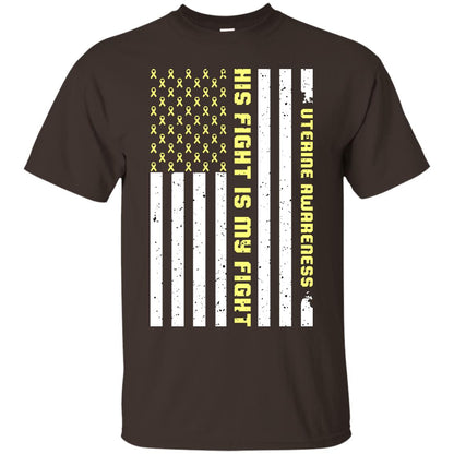 Uterine Awareness His Fight Is My Fight Peach Ribbon Stars Flag Of Usa Shirt Dark Chocolate