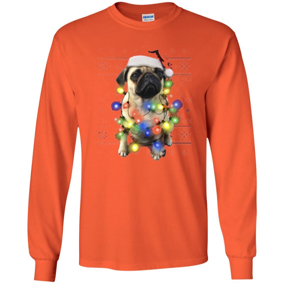 Dog Lover T-shirt Ugly Sweater Photoreal Christmas Lights Pug Graphic Orange