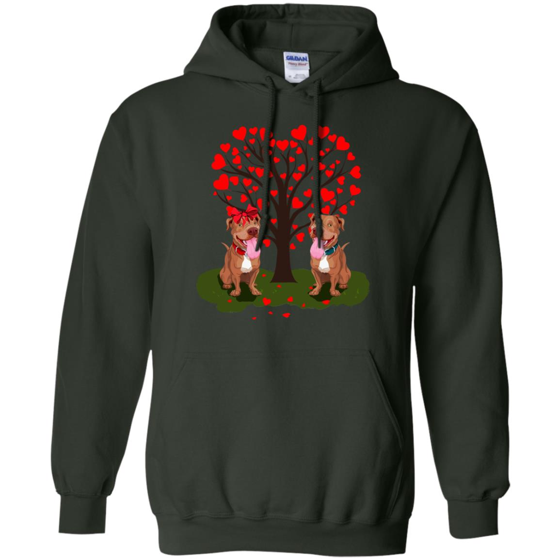 Valentine Pitbull Couple Heart Tree Shirt Forest Green