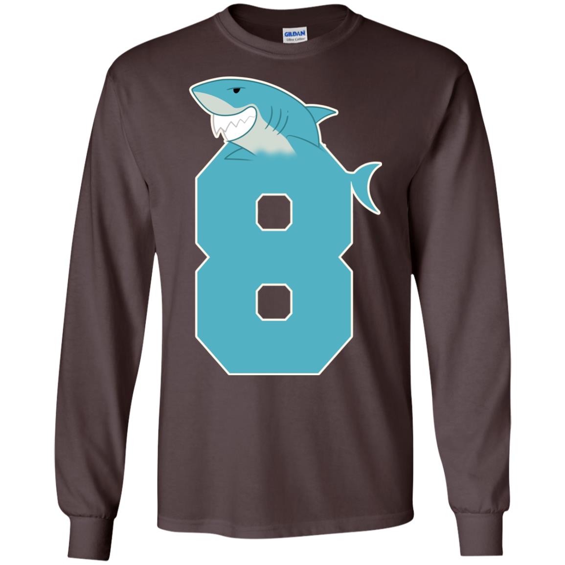 8th Birthday Shark Party Shirt Dark Chocolate