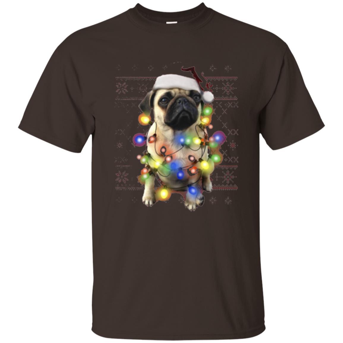 Dog Lover T-shirt Ugly Sweater Photoreal Christmas Lights Pug Graphic Dark Chocolate