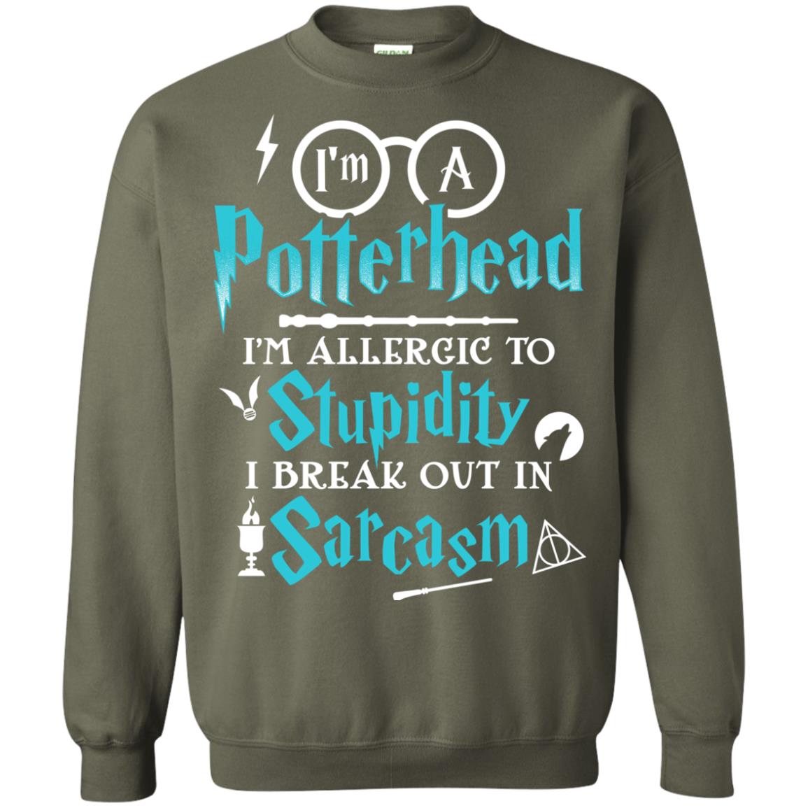 I_m A Potterhead I_m Allergic To Stupidity I Break Out In Sarcasm Harry Potter Fan T-shirt Military Green