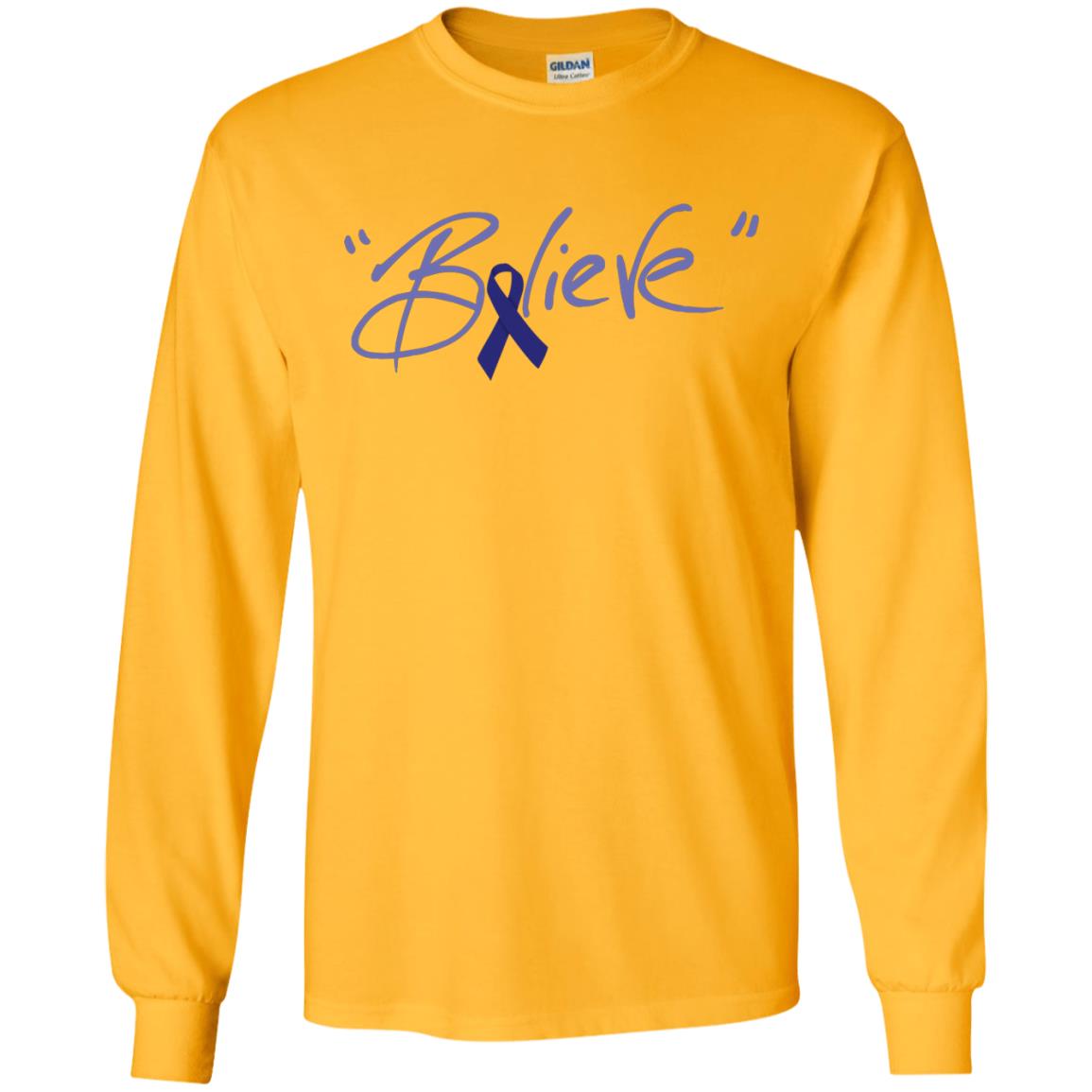 Colon Cancer Awareness Shirt Dark Blue Ribbon Believe Gold